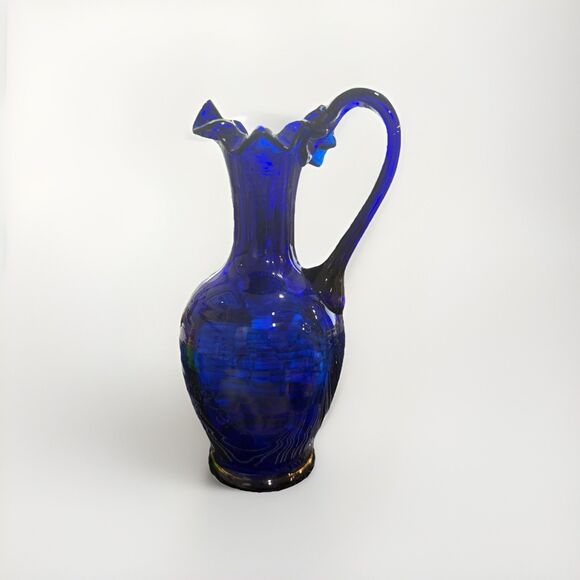 Vtg Cobalt Blue Glass Pitcher Hand Blown Hand Painted Flowers Ruffled Gilded - Picture 2 of 5